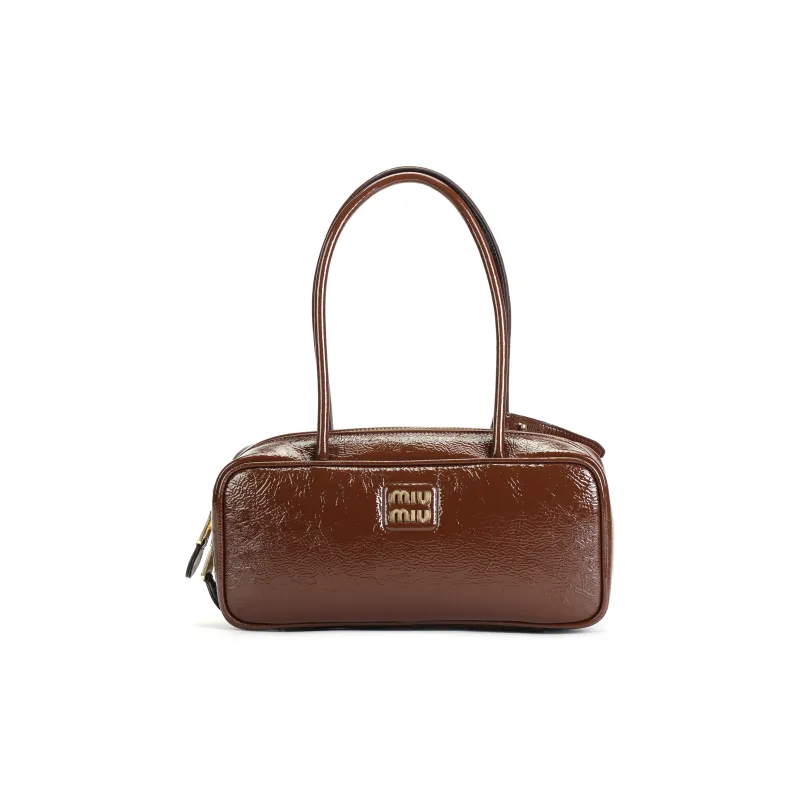 MIU MIU Naplak Lacquered Finish Sheepskin Handbag Women's Brown-1