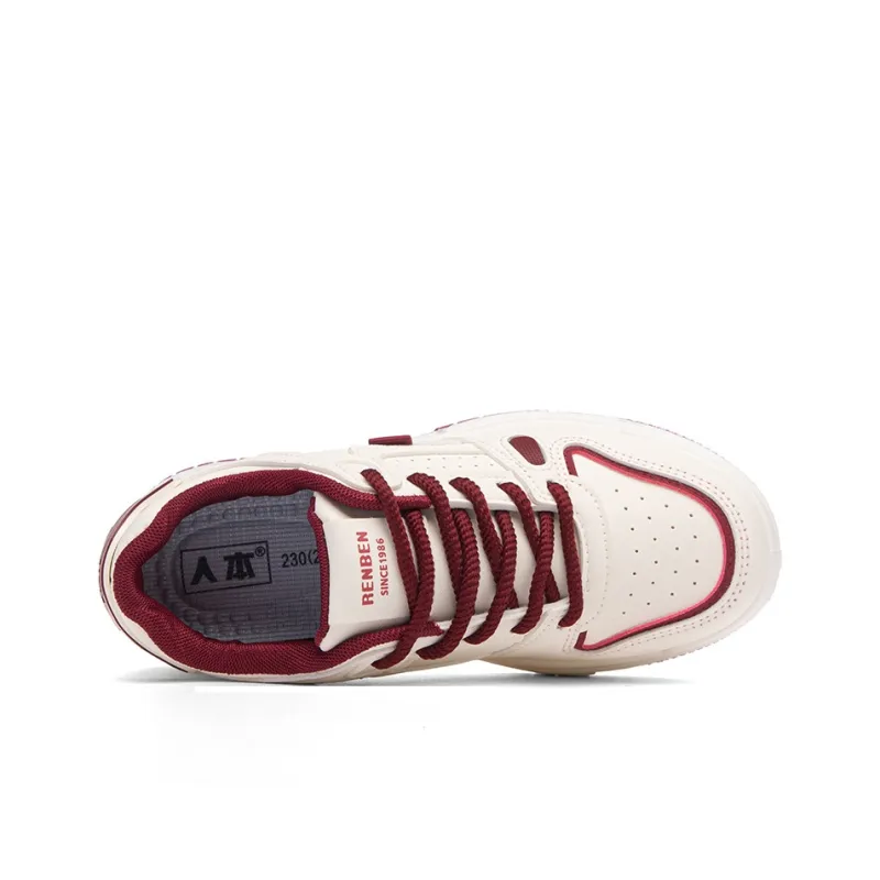 RENBEN Slip Resistant Cushioning Abrasion Resistant Low Top Skateboard Shoes Women's Beige Red-2