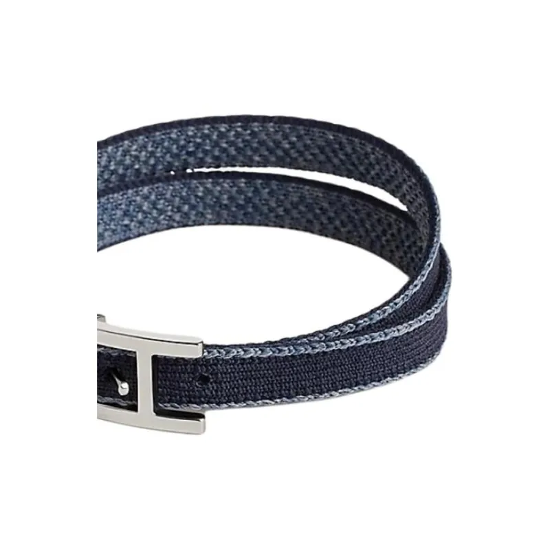 HERMES Nylon Stainless Steel Leather Bracelets Men's Navy-2