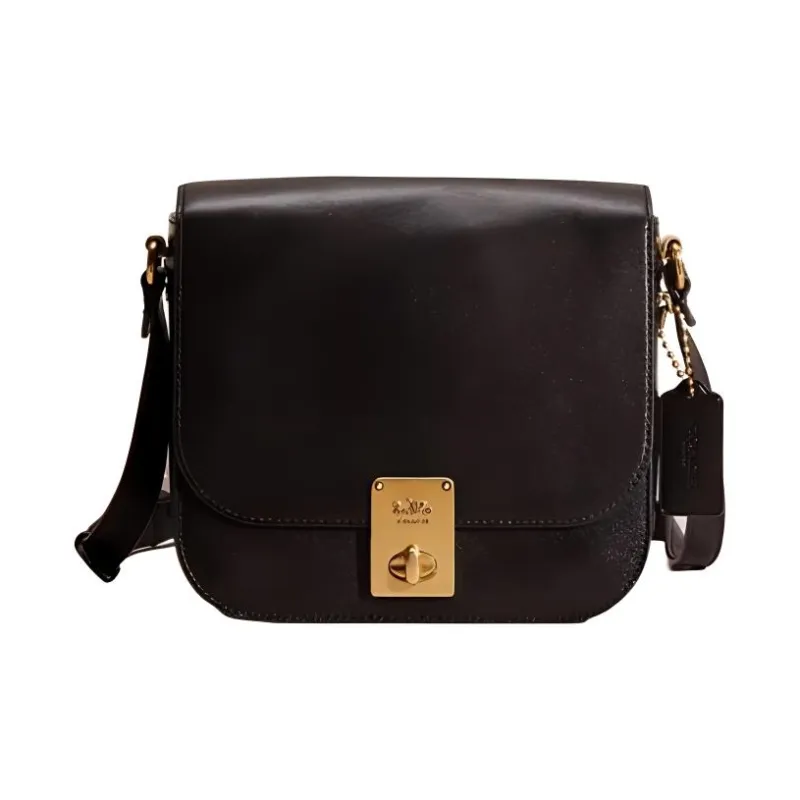 COACH Hutton Refined Leather Saddle Bag, Shoulder Bag, Crossbody Bag Trumpets Women's Black-0