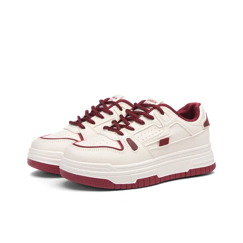 RENBEN Slip Resistant Cushioning Abrasion Resistant Low Top Skateboard Shoes Women's Beige Red-1