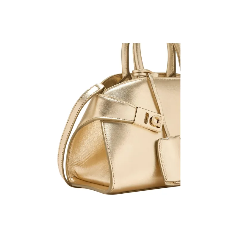 FERRAGAMO Hug Leather Shoulder Bag Crossbody Bag Handbag Mini Women's Gold-2