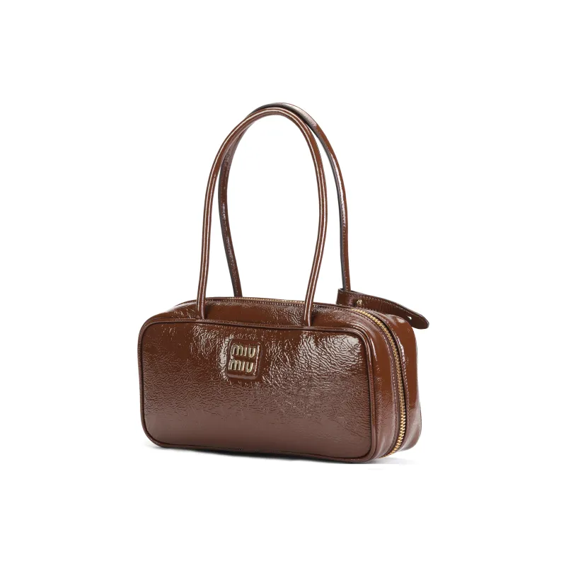 MIU MIU Naplak Lacquered Finish Sheepskin Handbag Women's Brown-3