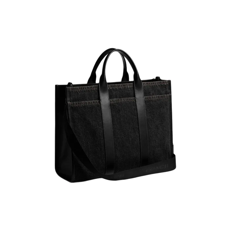 COACH Denim With Refined Calfskin Tote Bag, Shopping Bag, Shoulder Bag, Handbag Tubas Men's Washed Black-1
