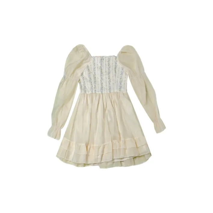 Flowers In Water Long Sleeved Dress Women's Apricot-1