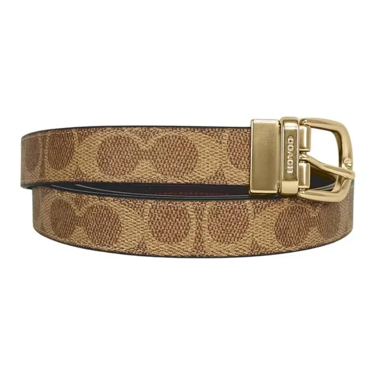 COACH Coated Canvas Leather Belts Unisex Gold/Tan/Brown Width  2.5cm-2