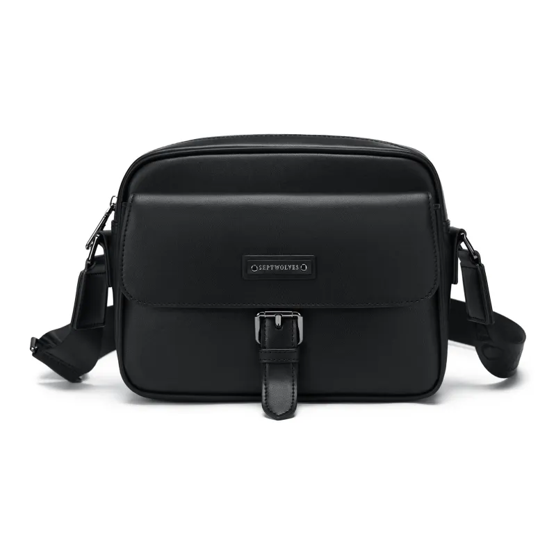 SEPTWOLVES Artificial Leather High-Style Abrasion-Resistant Commute Shoulder Bag QPL Unisex Black-0