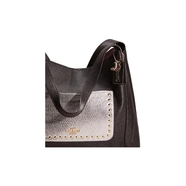 COACH Hadley Pebbled Leather Hobo Bag Handbag Shoulder Bag Women's Black & Silver-3