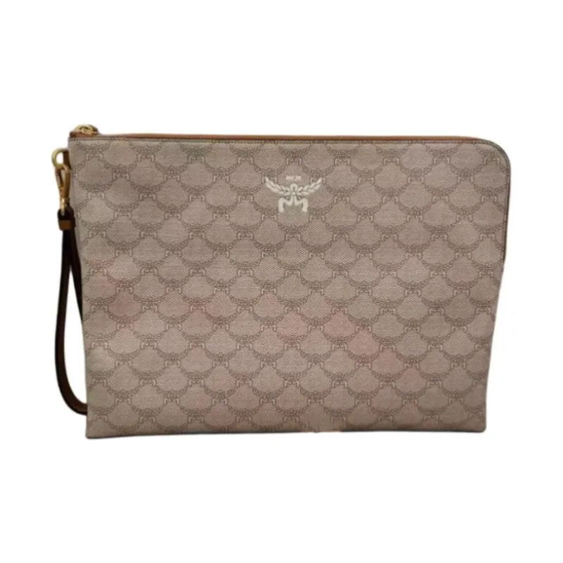 MCM Canvas Canvas Bag Clutches Large Size Men's Beige-0