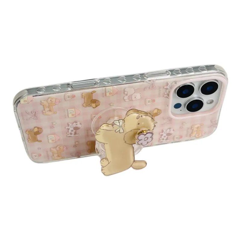 Sopi Acrylic Material Pink Plaid House Dog Phone Cases Compatible With IPhone 16/15 Pro Max/Apple 13/14 Pro/Max-3