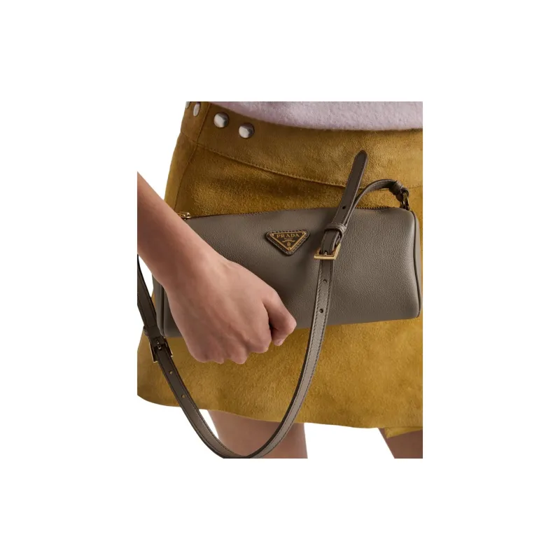 PRADA Cow Leather Shoulder Bag Women's Mud Gray-6