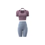 Berry Purple Short-Sleeved+Gray Lake Blue Knee-Length Pants