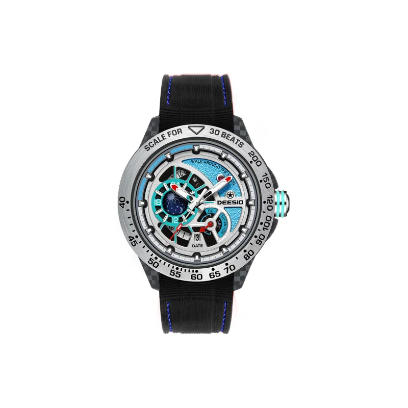 DEESIO Sun Moon Star Collection Automatic Mechanical Movement Rubber Strap Watch Men's Watches Silver Dial-0