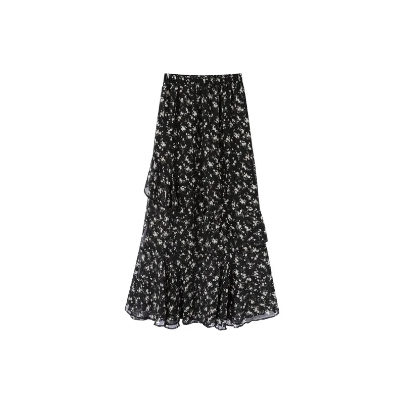 Garbege Casual Long Skirts Women's Black Floral-1