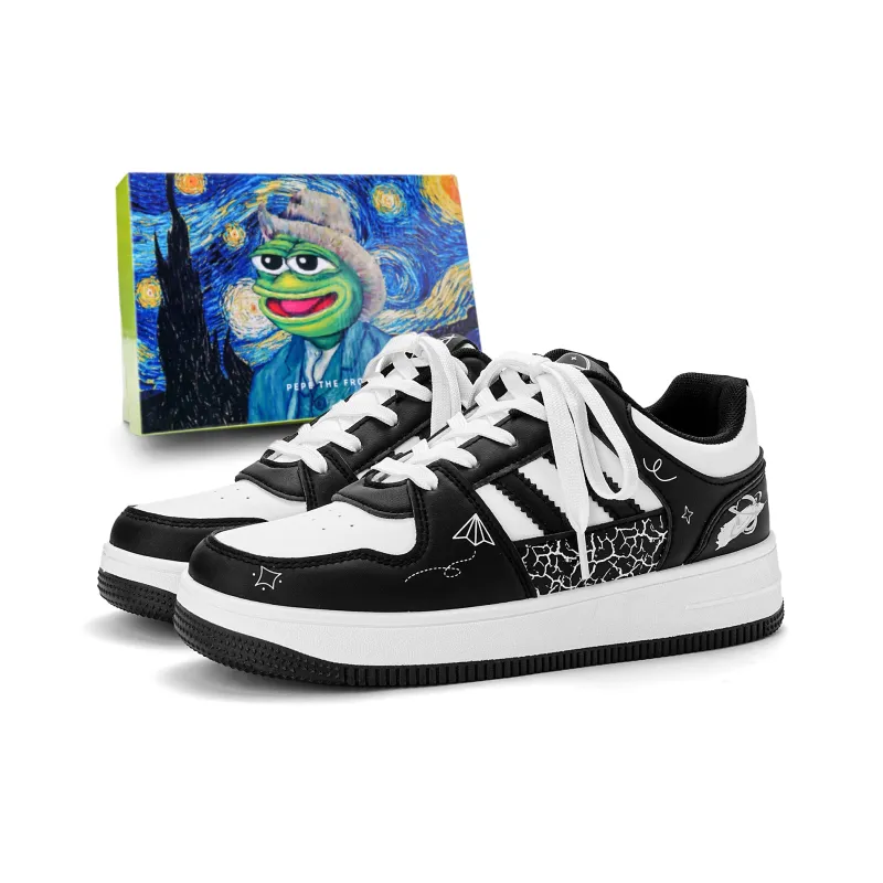 Pepe The Frog Skateboard Shoes Unisex Low Top Classic Black White/Pink/Raw White-7