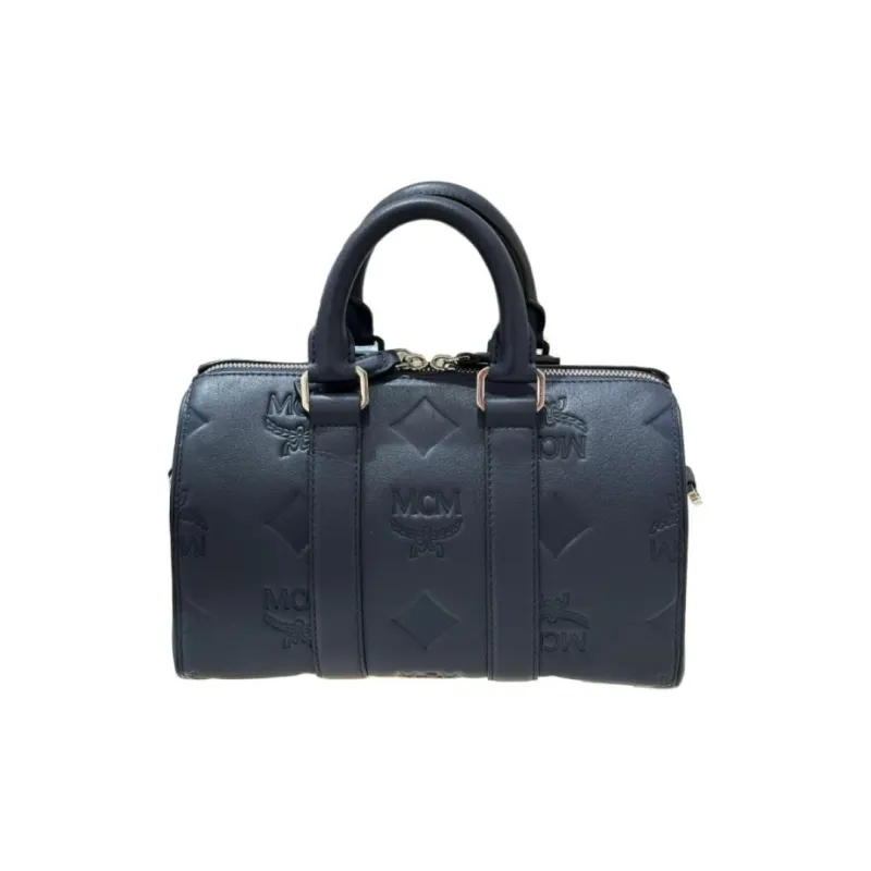 MCM Natural Nappa Leather Boston Bag Shoulder Bag Crossbody Bag Handbag Small Size Men's Blue-0
