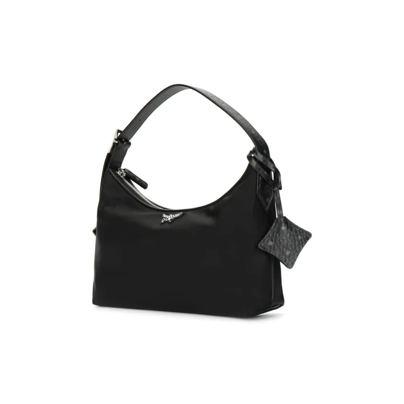 MCM Aren Recycled Nylon Crescent Bag Round Crown Shoulder Bag Small Size Women's Black-1