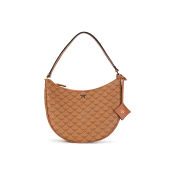MCM Lauretos Canvas Crescent Bag Hobo Shoulder Bag Medium Size Women's Cognac