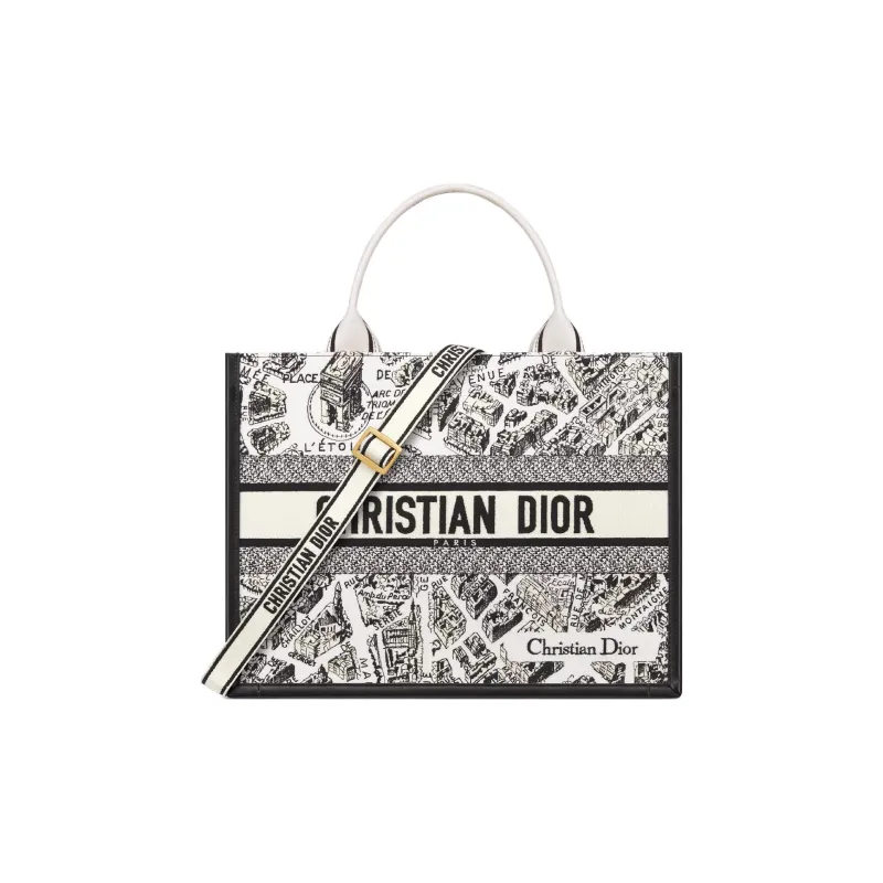 DIOR BookTote Cotton Tote Bag, Shopping Bag, Shoulder Bag, Crossbody Bag, Handbag Medium Size Women's White & Black-0