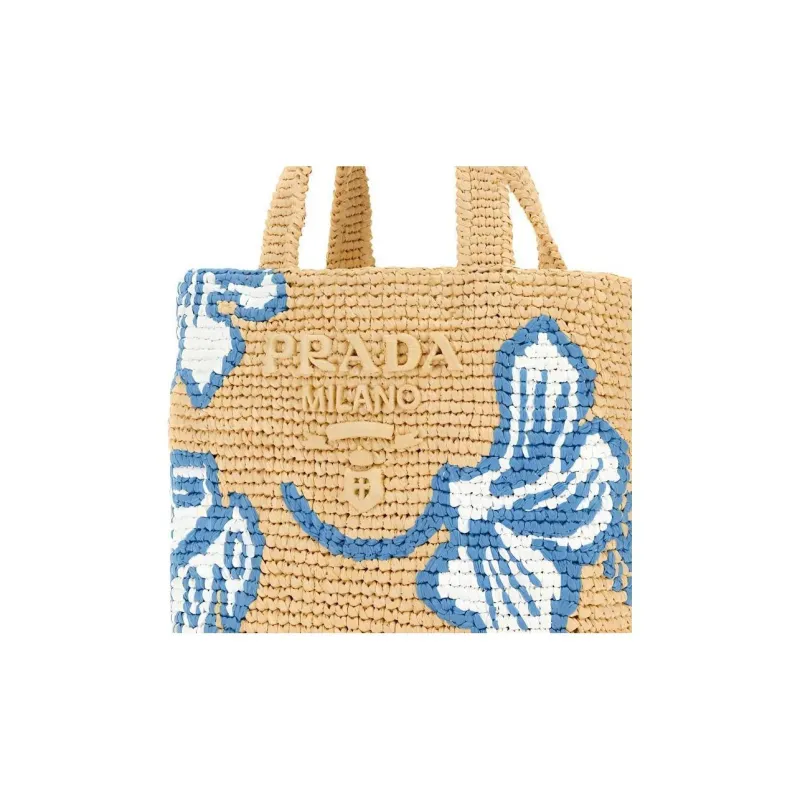 PRADA Raffia Tote Bag Shopping Bag Handbag Women's Khaki/Blue-4