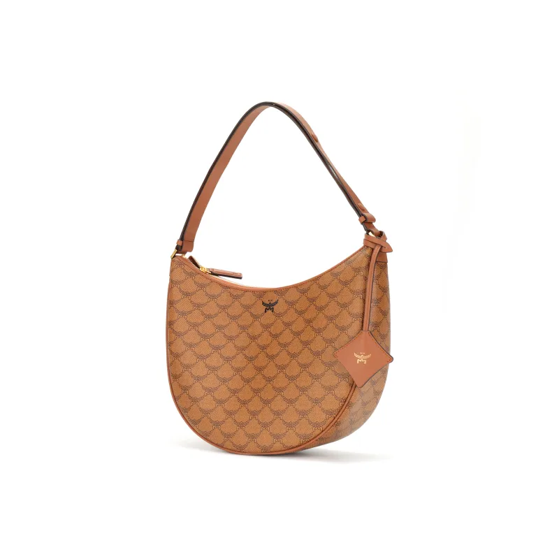 MCM Lauretos Canvas Crescent Bag Hobo Shoulder Bag Medium Size Women's Cognac-1