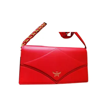 MCM Calfskin Leather Crossbody Bag Shoulder Bag Large Size Women's Red