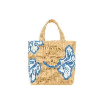 PRADA Raffia Tote Bag Shopping Bag Handbag Women's Khaki/Blue