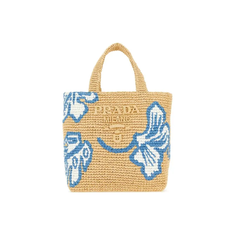 PRADA Raffia Tote Bag Shopping Bag Handbag Women's Khaki/Blue-0