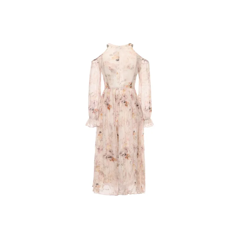 CHIWAWAMEME Long Sleeved Dresses Women's Yellow Pink Floral-1