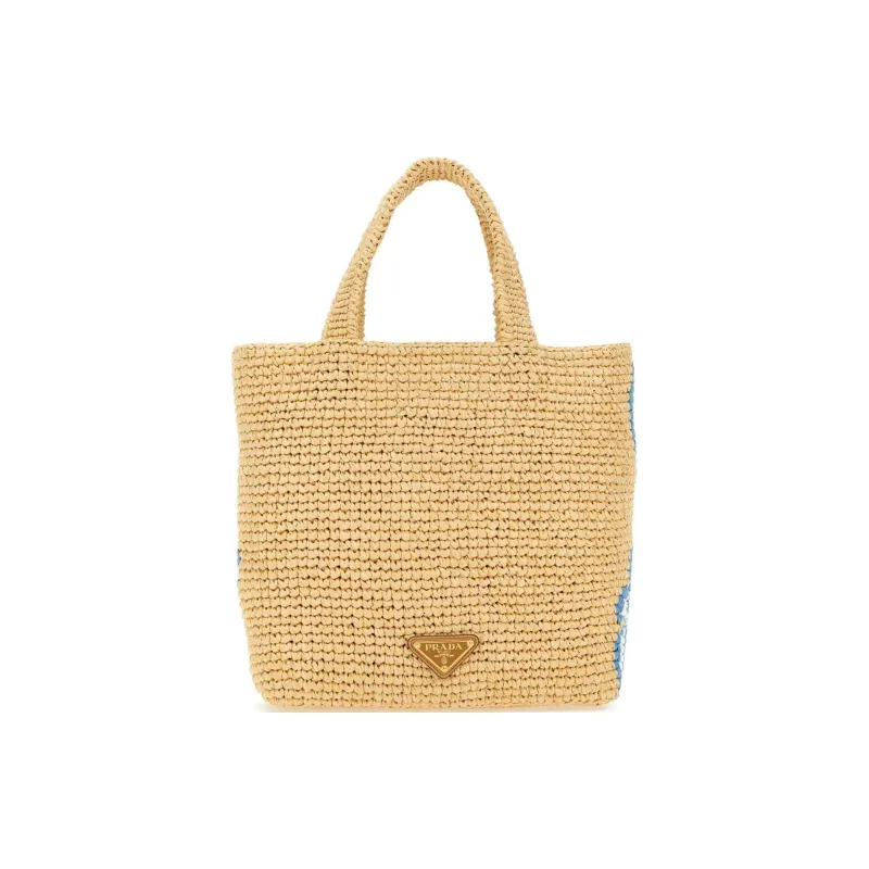 PRADA Raffia Tote Bag Shopping Bag Handbag Women's Khaki/Blue-2