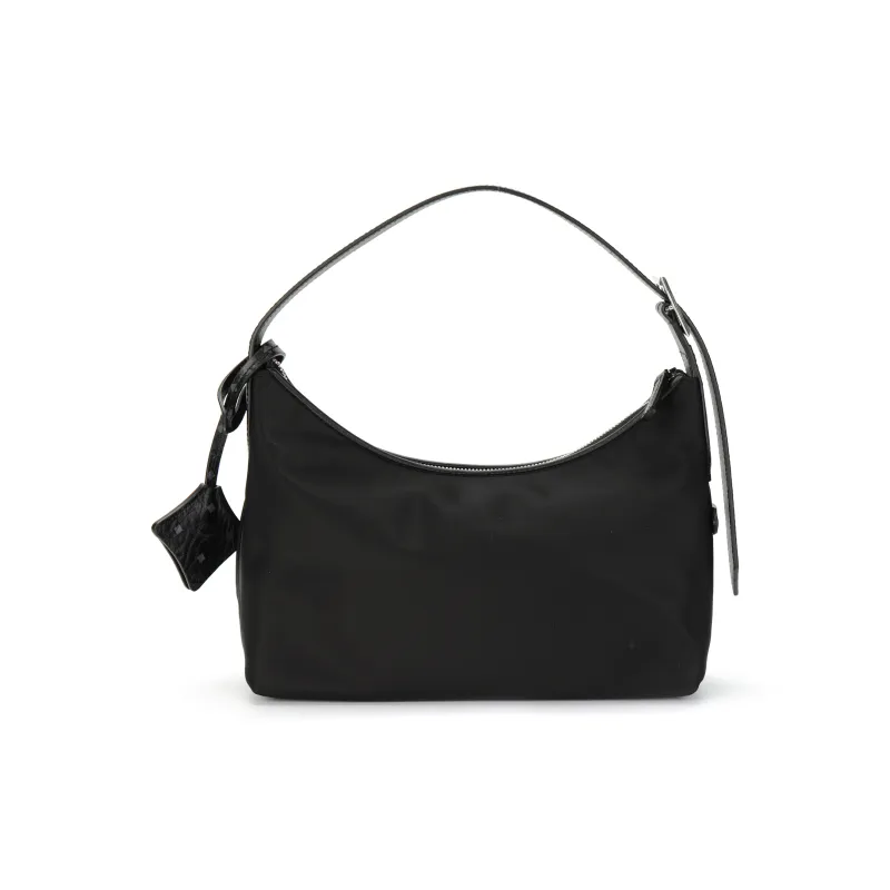 MCM Aren Recycled Nylon Crescent Bag Round Crown Shoulder Bag Small Size Women's Black-2