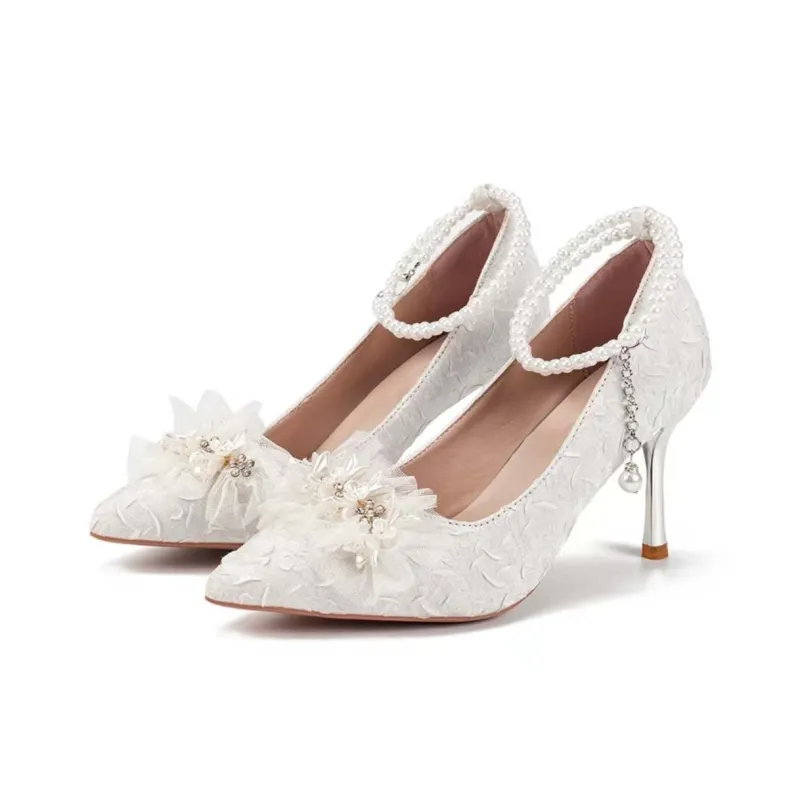 Take The Qin Slim Heel High Heels Women's Pearl White-8
