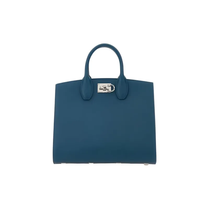 FERRAGAMO Studio Calfskin Crossbody Handbag Medium Size Women's Blue-0