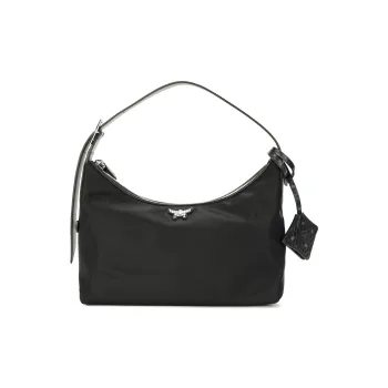 MCM Aren Recycled Nylon Crescent Bag Round Crown Shoulder Bag Small Size Women's Black