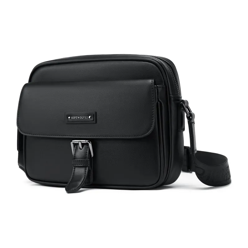 SEPTWOLVES Artificial Leather High-Style Abrasion-Resistant Commute Shoulder Bag QPL Unisex Black-1