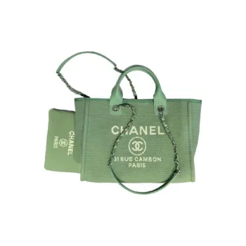 CHANEL Canvas Beach Bag, Tote Bag, Shopping Bag, Canvas Bag, One Shoulder Handbag Trumpets Women's Grass Green