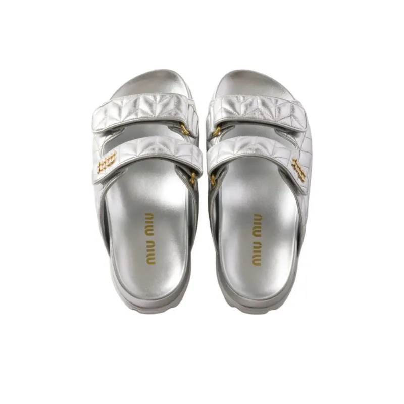 MIU MIU Matelassé Slide Slippers Women's Silver-4