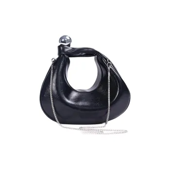 Folli Follie Top Grain Cow Leather Crescent Bag Shoulder Bag Handbag Medium Size Women's Black