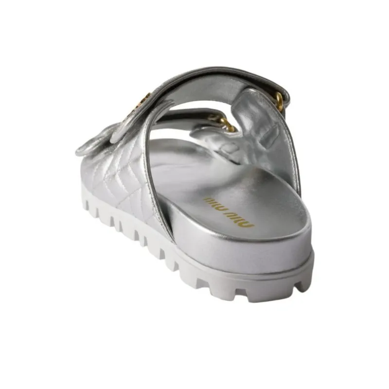MIU MIU Matelassé Slide Slippers Women's Silver-3