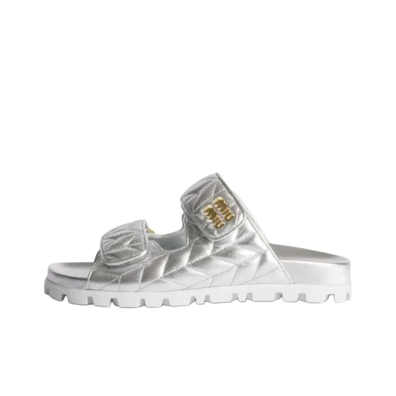 MIU MIU Matelassé Slide Slippers Women's Silver-0