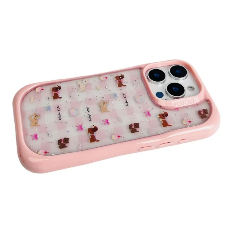 Sopi Acrylic Material Pink Plaid Glitter Puppy Phone Cases Compatible With IPhone 16/15 Pro Max/Apple 13/14 Pro/Max-3