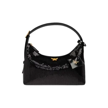 MCM Aren Lambskin Leather Hobo Bag, Crossbody Handbag Small Size Women's Black