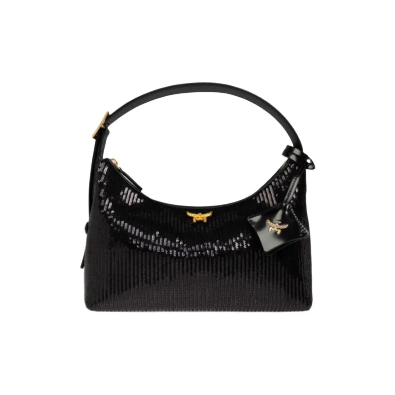MCM Aren Lambskin Leather Hobo Bag, Crossbody Handbag Small Size Women's Black-0