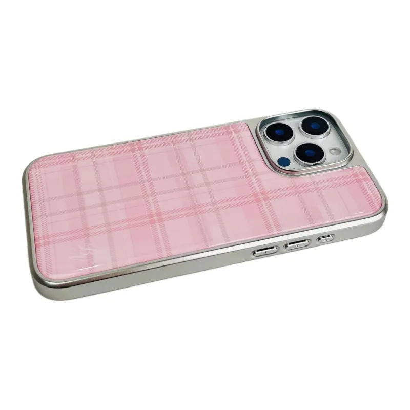 Sopi Acrylic Material Glue Drip Blue Pink Plaid Phone Cases Compatible With IPhone 16/15 Pro Max/Apple 13/14 Pro/Max-7