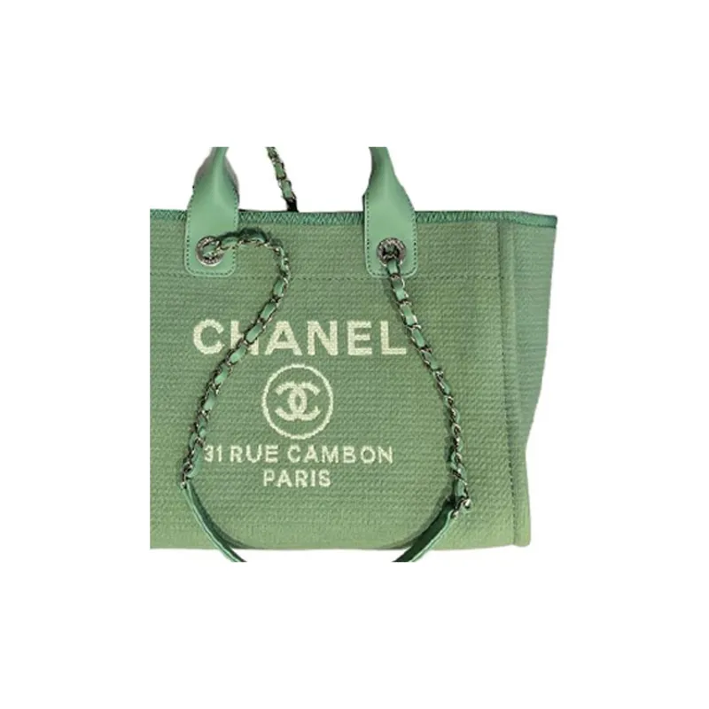 CHANEL Canvas Beach Bag, Tote Bag, Shopping Bag, Canvas Bag, One Shoulder Handbag Trumpets Women's Grass Green-2