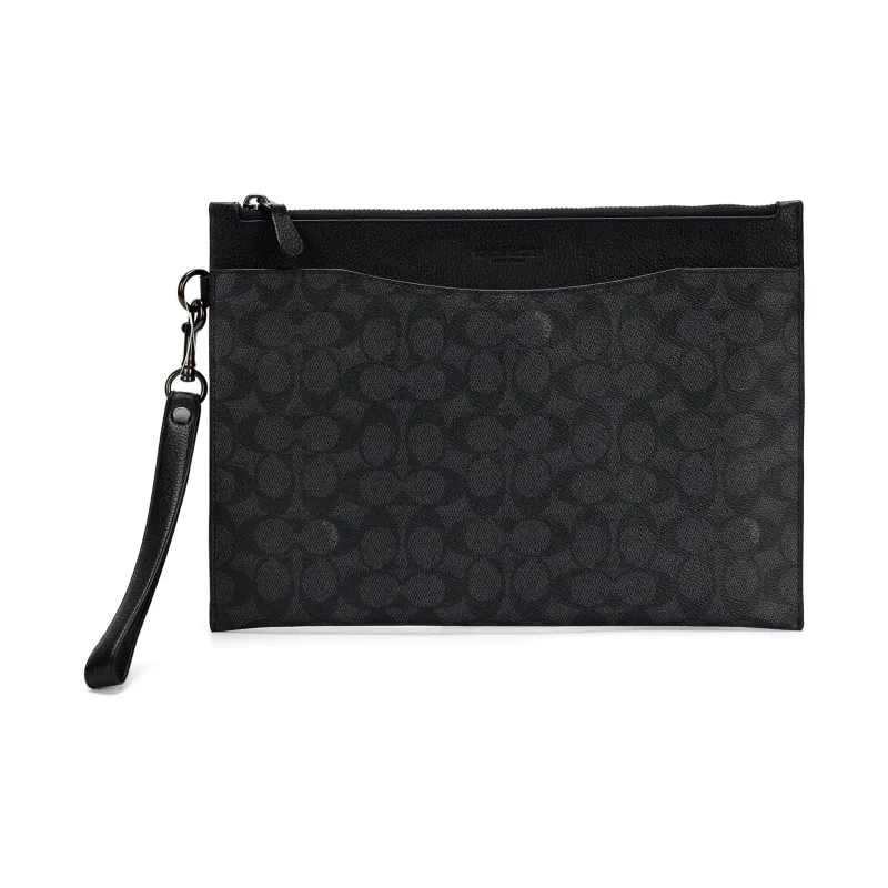 COACH Hitch Canvas With Leather Document Bag Wrist Bag Clutch Tubas Men's Black-1