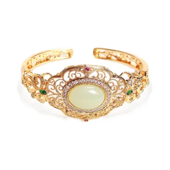 Artisan Lock Heart Jade Hetian Jade Bangles Pale Greenish White Jade Unisex