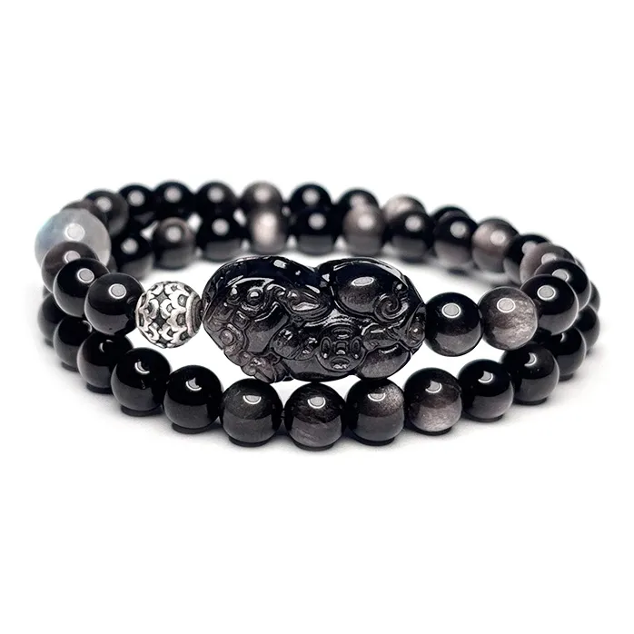 MOUNTAINS AND MANS Obsidian New Chinese Style Stackable Good Luck Beaded Bracelet Men's-0