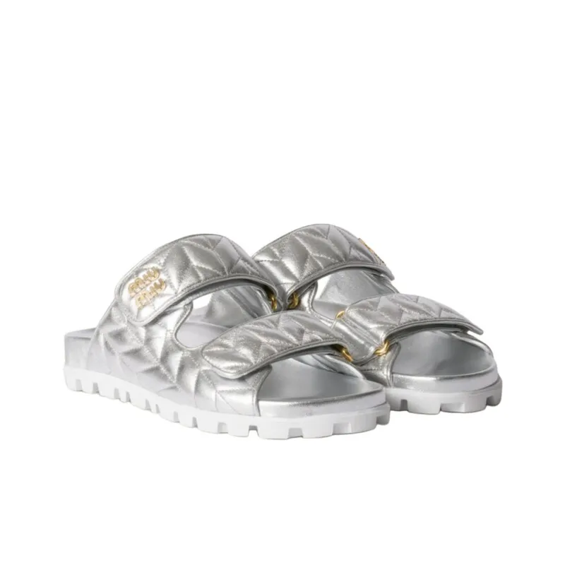 MIU MIU Matelassé Slide Slippers Women's Silver-2
