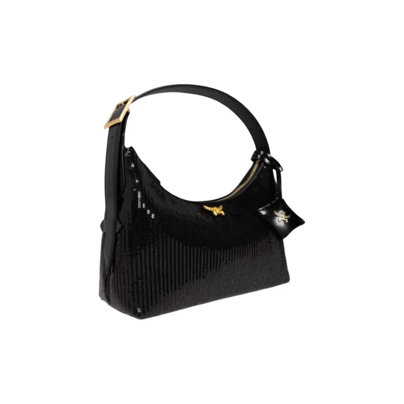 MCM Aren Lambskin Leather Hobo Bag, Crossbody Handbag Small Size Women's Black-1